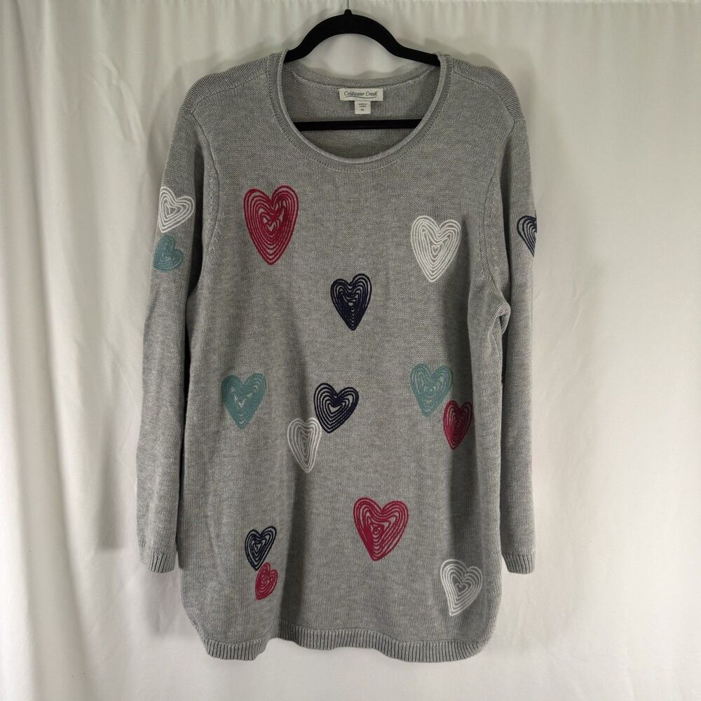 Coldwater Creek Sweater Womens XL Grey Hearts Knit Round Neck Pullover Cotton Bl